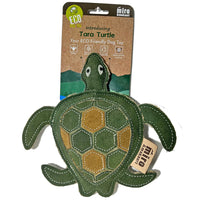 A green turtle-shaped dog toy made with natural materials. Ideal for fetching, tugging, and keeping dogs entertained.
